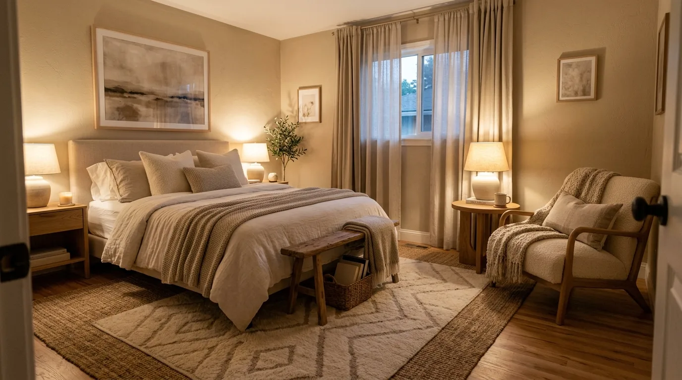 Warm up the room with rugs and boucle inspiration for a neutral bedroom.